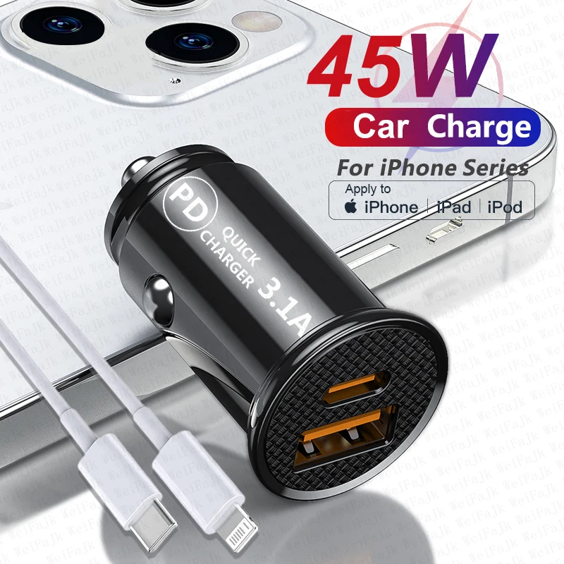 

For APPLE Original PD 45W USB Type C Car Charger For iPhone 11 12 13 14 Pro Max SE X XS XR 7 8 Plus iPad Air Fast Charging Cable