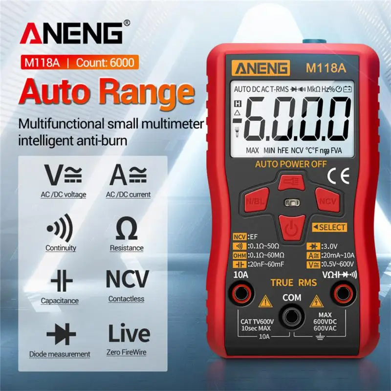

ANENG M118A Digital Mini Multimeter Tester True Rms 6000 Counts Auto Mmultimetro Tranistor Meter With NCV Data Hold Flashlight