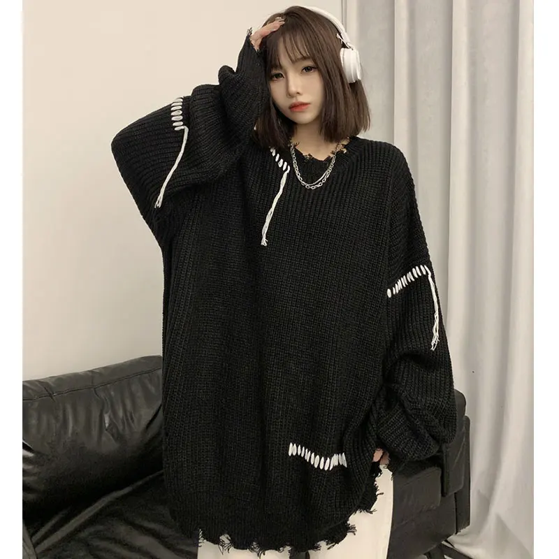 

Chill Girls Thick Sweaters Winter Fashion Trends Ripped Streetwear Teenage Oversized Crewneck Pullover Tops Womens Knit Jumpers