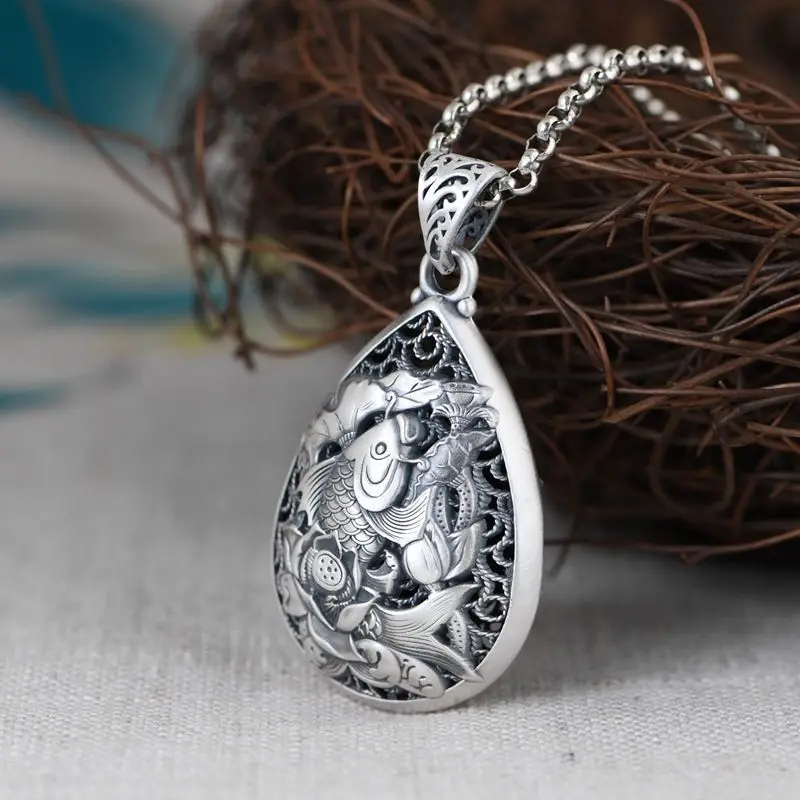 Винтажный кулон в виде капли цветка лотоса с гравировкой из серебра 925 пробы