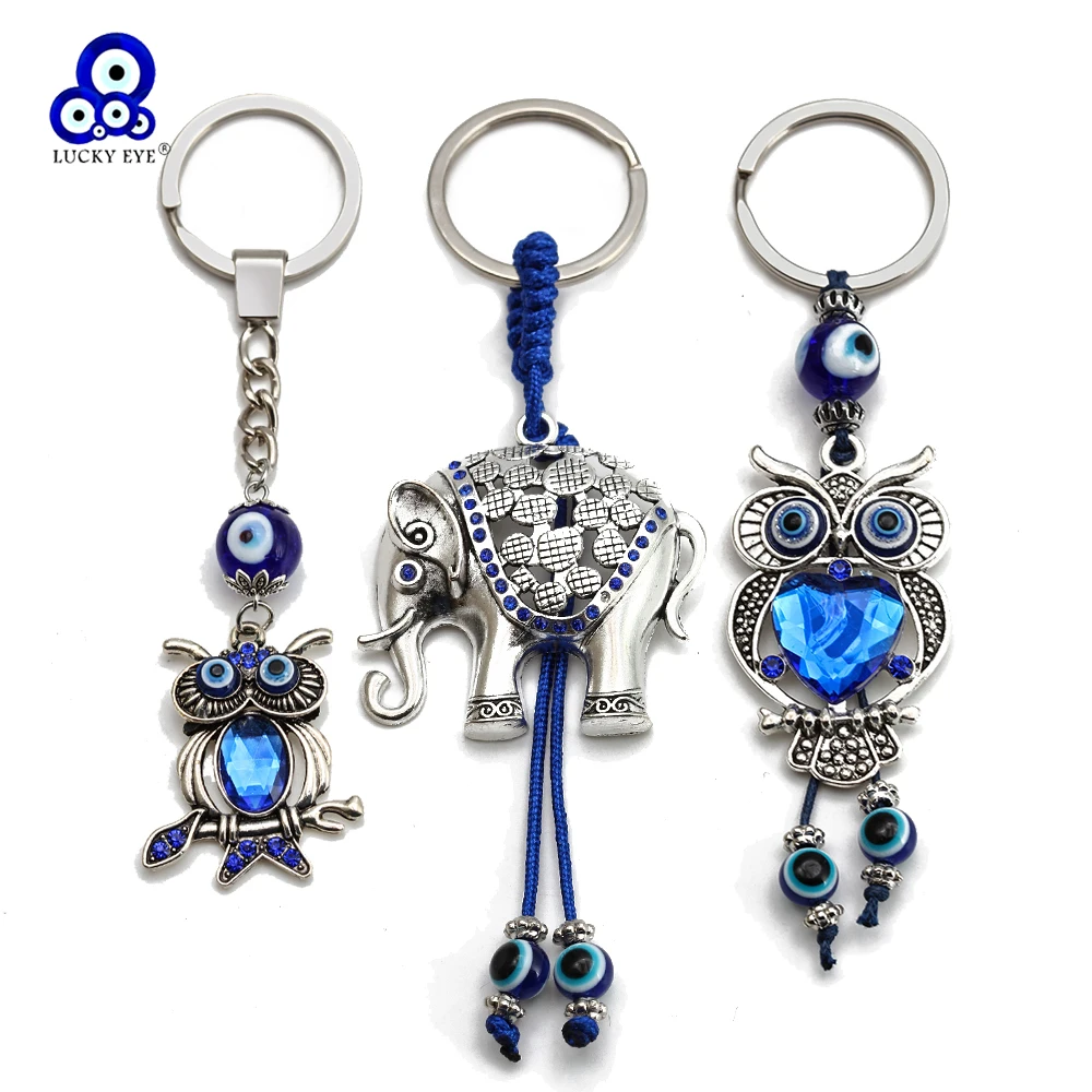 

Lucky Eye Alloy Elephant Owl Pendant Keychain Blue Turkish Evil Eye Bead Key Chain Handmade Car keyring for Women Men BE683