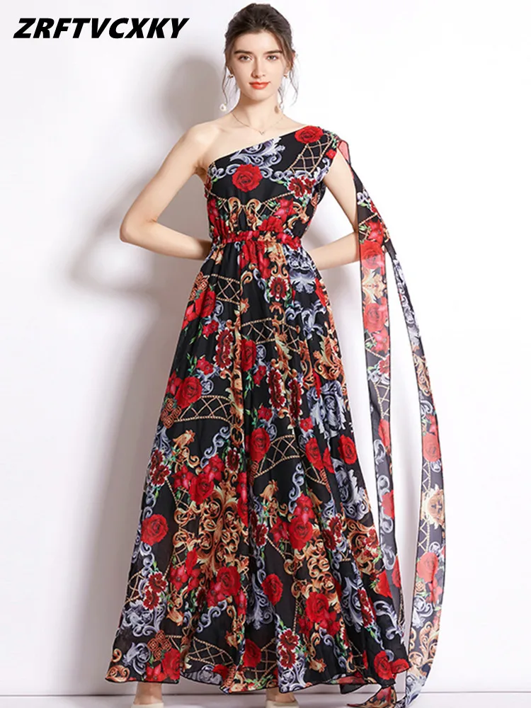 

Женское шифоновое платье на одно плечо, Летнее Длинное платье без рукавов с косым воротником и цветочным принтом