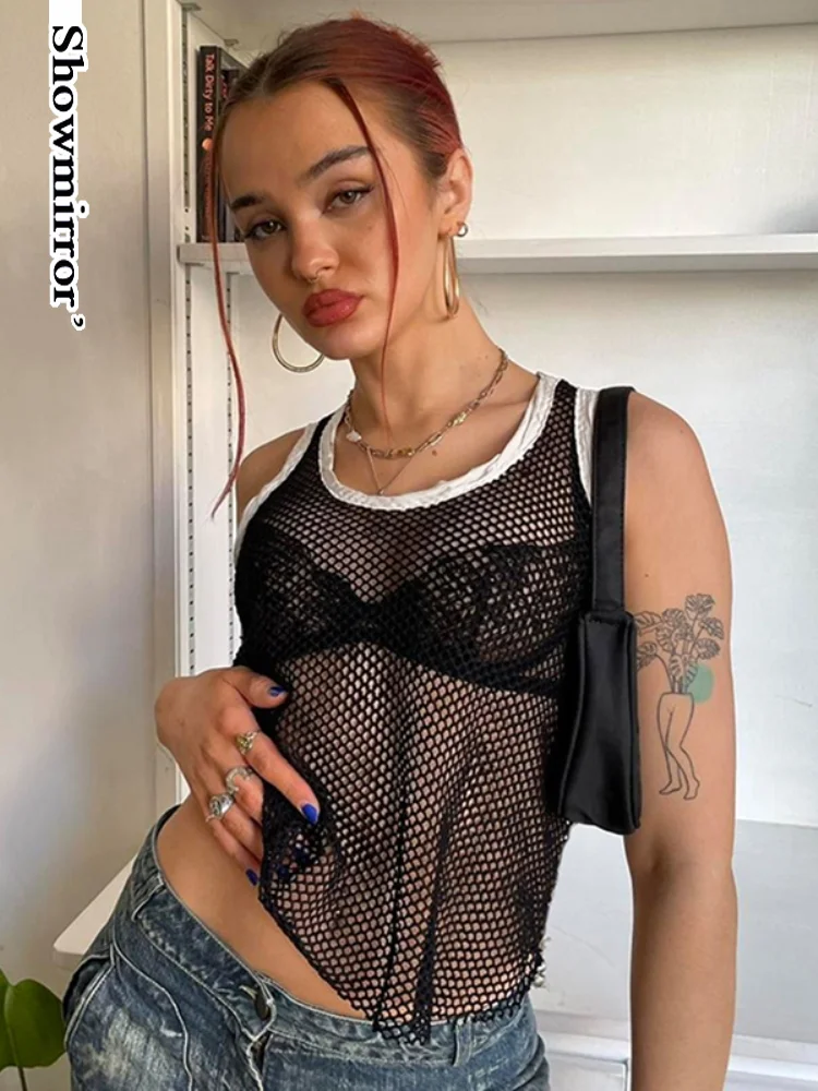 

ShowmirrorHollow Out Fishnet Sexy Tennis Vest Female Contrast Color Slim Cropped Tanks Sleeveless O Neck Casual Streetwear Tops