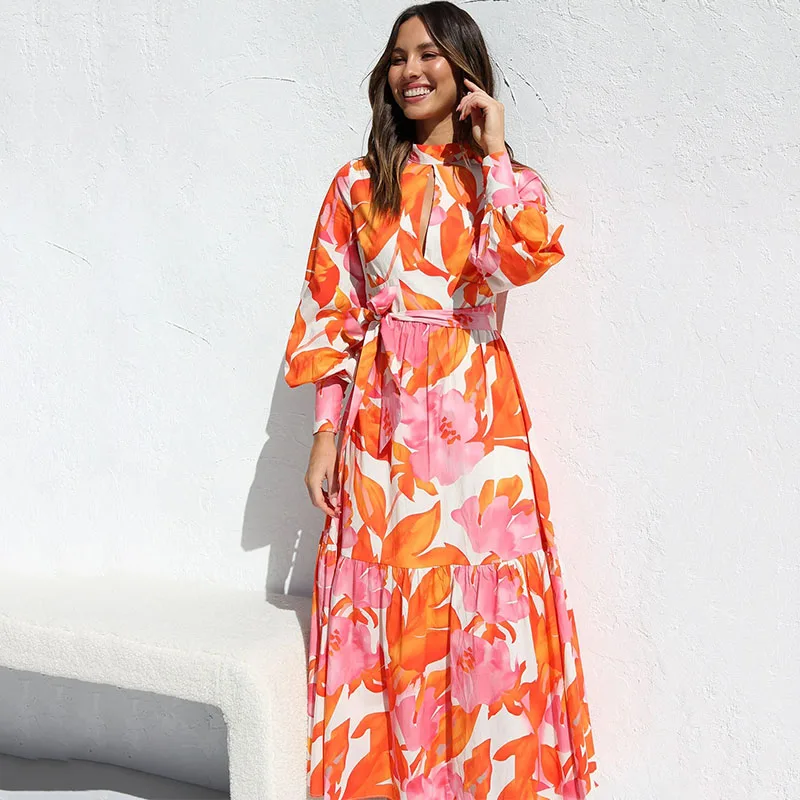 Женское ажурное платье-миди с цветочным принтом длинным рукавом и поясом