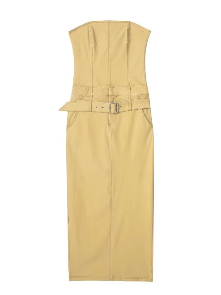 

Женское платье без бретелек Kumsvag, повседневное однотонное облегающее платье с поясом и открытыми плечами, элегантное уличное платье до середины икры, одежда на лето 2023