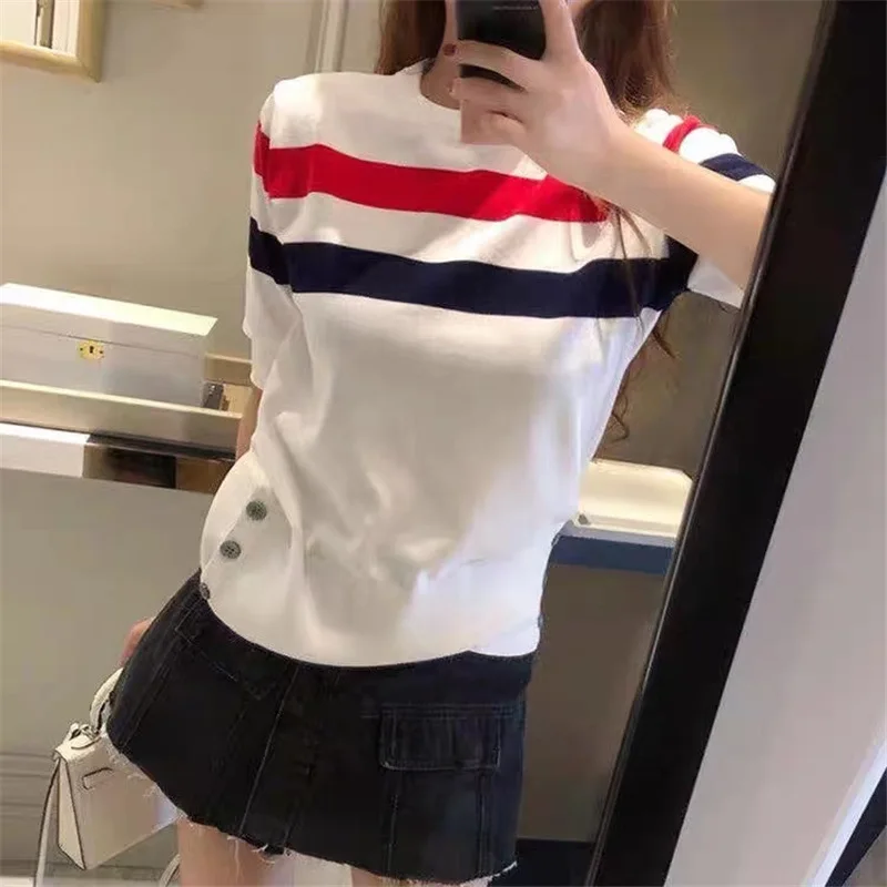 

Женские полосатые футболки, летние трикотажные джемперы контрастных цветов, футболка, модные коп-топы с коротким рукавом, Y2k , Graphic, Harajuku