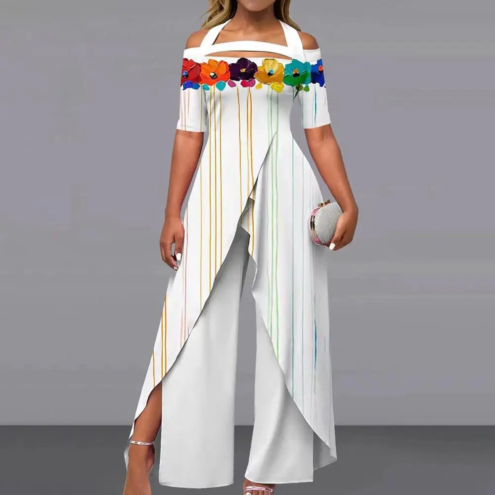 

Women Jumpsuit Floral Geometric Print Women's Jumpsuit Sexy Off Shoulder Halter Neck Casual Wide Leg Pants Stylish Summer Romper