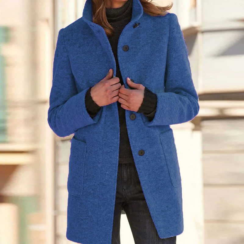 

Винтажное повседневное Однотонное шерстяное пальто, женская верхняя одежда, осенняя однобортная Женская куртка, зимнее теплое пальто с длинным рукавом и карманами