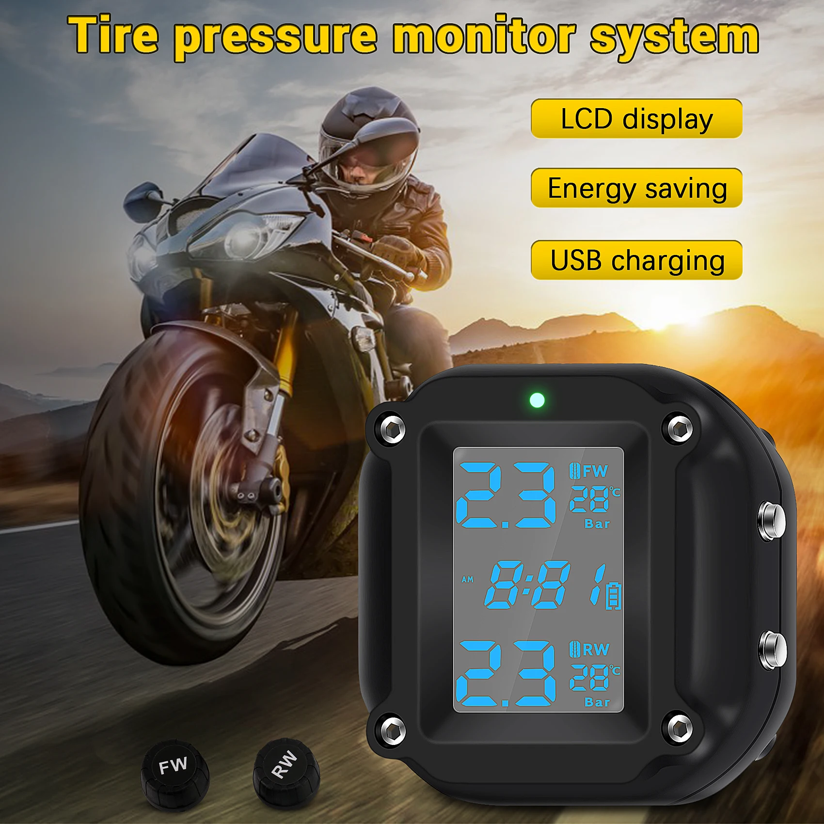 

Motorcycle Tire Pressure Monitor System Moto TPMS Auto Bike Tyre Alarm LCD Real Time Monitor for Two-Wheeled Motorcycle