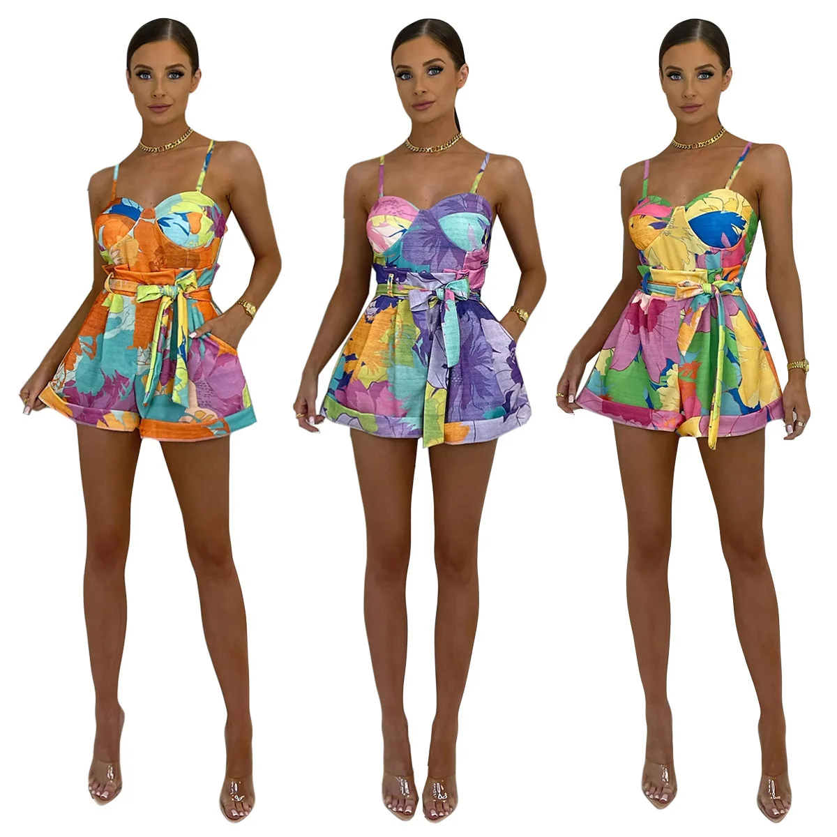 

Womens 2 Piece Sets Womens Outfits 2022 New Fashion Sexy Sling Print Top + Lace-up Shorts Set Summer Sets Womens Outfits