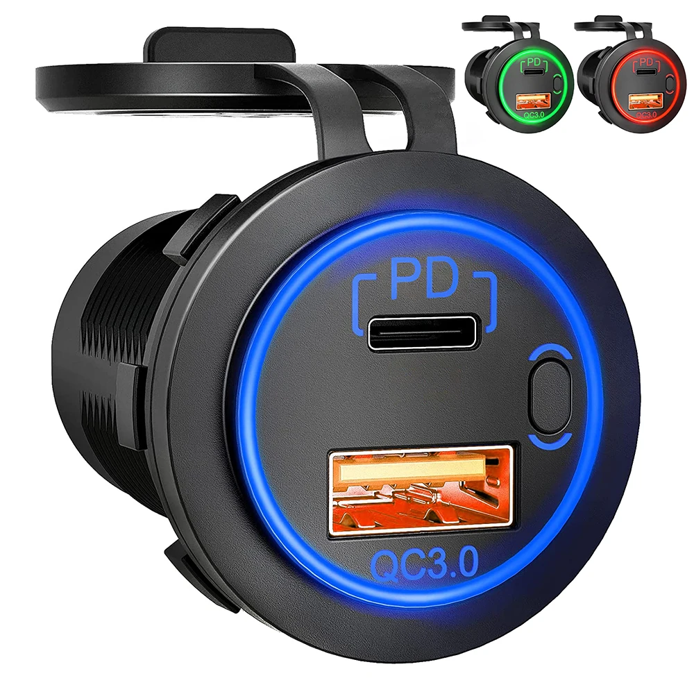 

20W USB Car Charger PD Type C QC 3.0 Fast Charging Power With Switch USB Car Charger Universal Motorcycle Car Truck RV ATV Boat