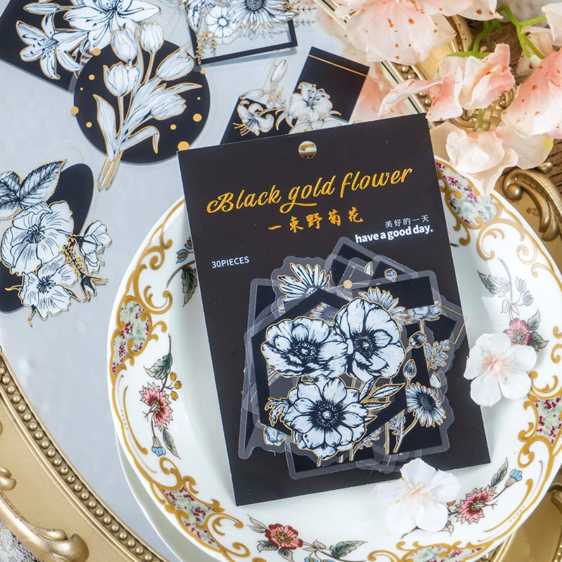 30 шт./упак. ПЭТ-наклейка позолоченные растения цветы коллаж ручная книга дневник
