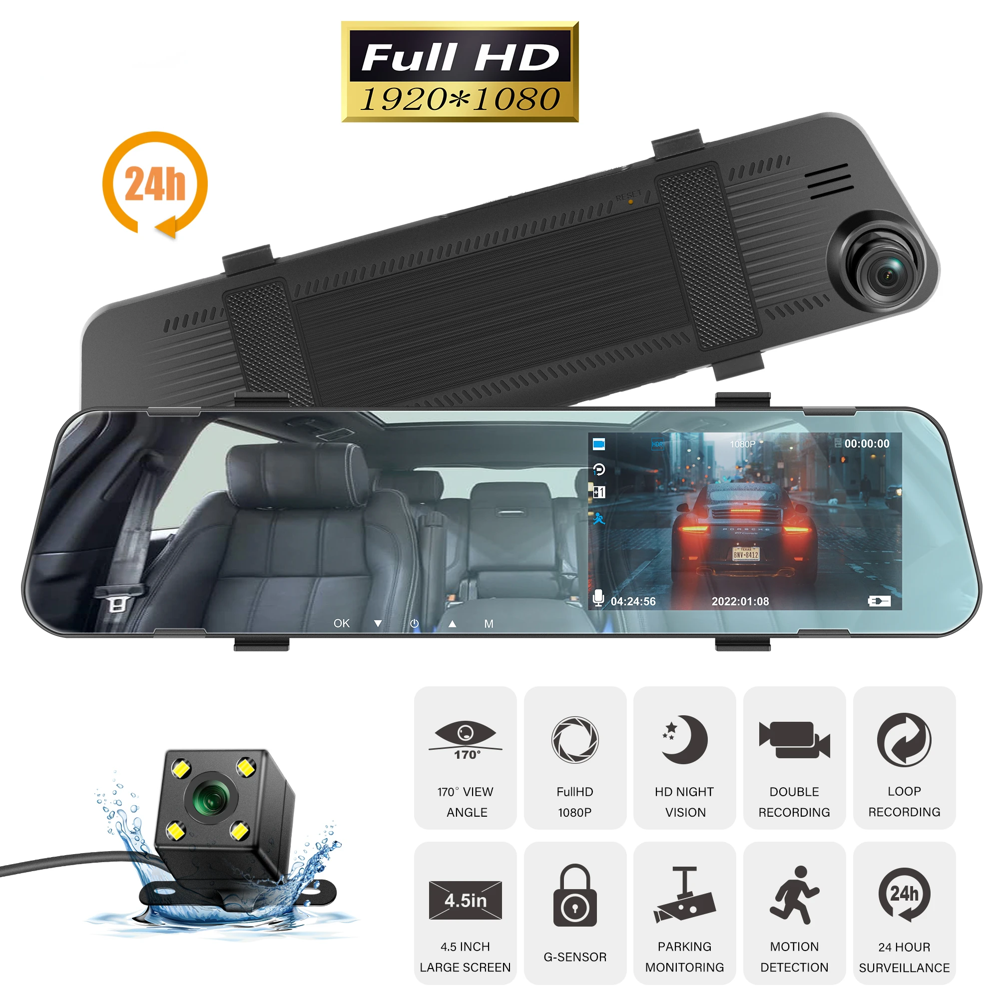 4.5In 24H Mirror Recorder Full HD 1080P Mirror Car Dash Cam Dual Lens Video Recorder Driving Black Box Car DVR Dash Camera Cycle