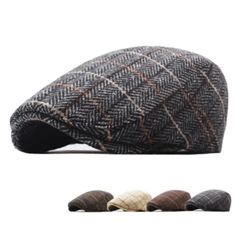 

Men's Autumn/Winter Wool Tweed Newsboy Hat Adjustable Thickening Warm Front Hat Coloured Plaid English Beret Dad Hat