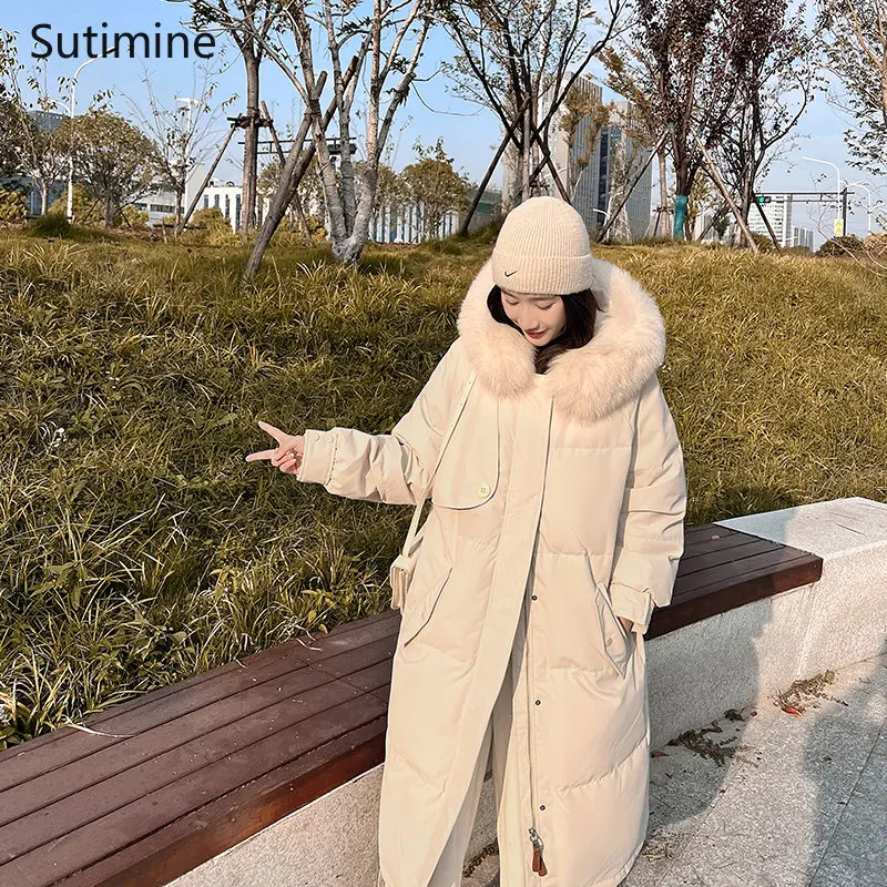 Winter Coat Women 2022 New Fashion Medium Length Down Jacket Zipper Hooded  Coat Loose Button Pockets Office Lady Coat Women