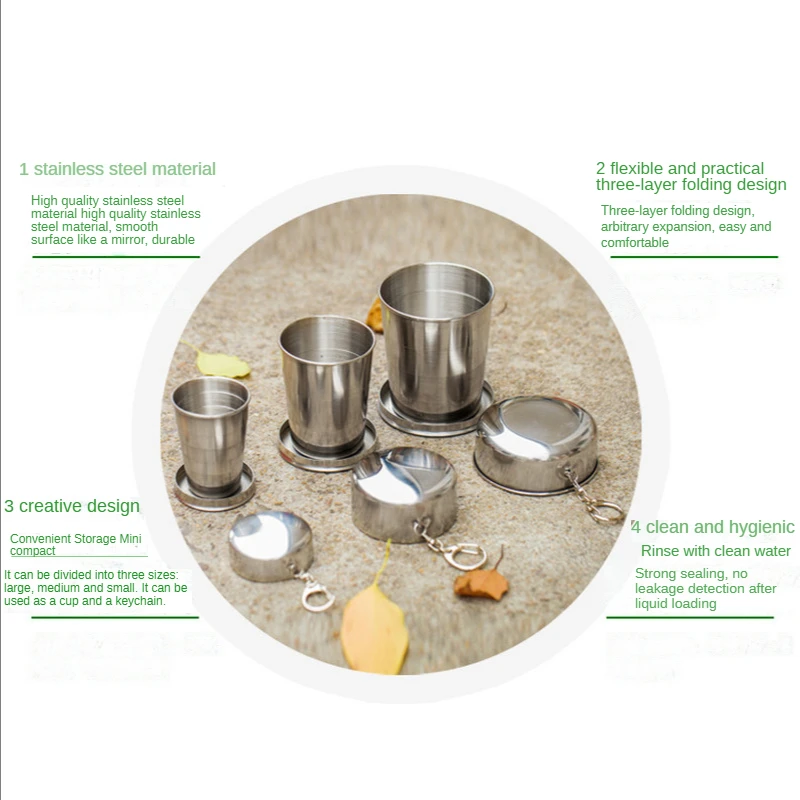 4PCS Stainless Steel Folding Cup Portable Outdoor Travel Camping Telescopic with Keychain Water Coffee Handcup كاسات قهوة |