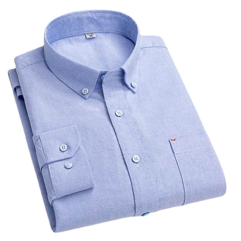 

Men Casual Shirt 100% Cotton Oxford Long Sleeve Plaid Shirt for Man Casual White Checkered Male Clothing Solid Print Easy Care