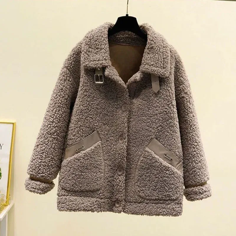 Short Lamb Wool Coat Jacket Women Autumn Winter Korean Long Sleeve Cashmere Coats 2021 New Fashion Pockets Warm Jackets