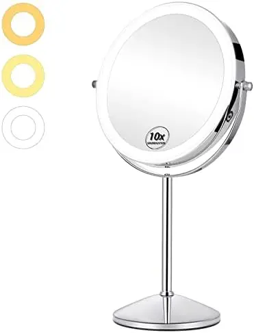 

Зеркало для макияжа с подсветкой 1X/10X, двухстороннее зеркало для макияжа 8 дюймов с регулируемой яркостью и 3 цветами, увеличительное зеркало для макияжа