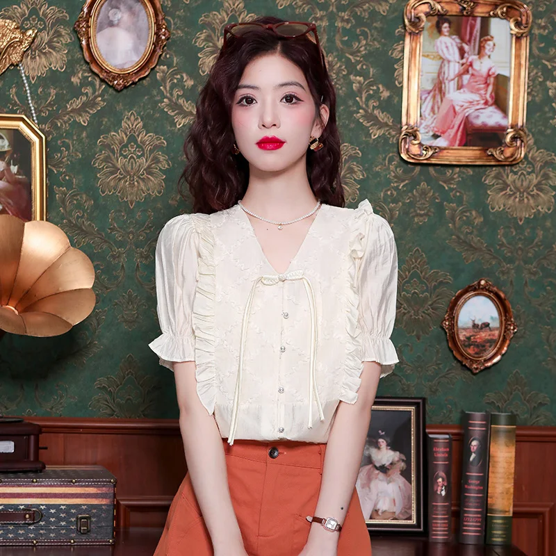 Летняя модная Новая женская блузка с коротким рукавом и V-образным вырезом