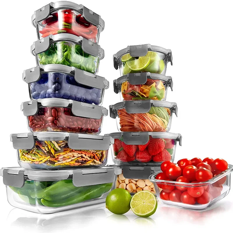 

24-Piece Glass Food Storage Containers Set - Stackable Design BPA-free Locking lids (Gray) Glass Containers Capacity 11 Oz -