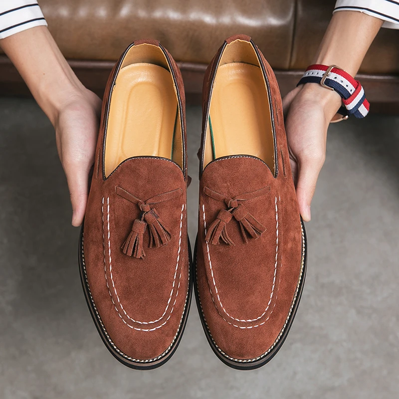 Loafers Shoe Men Faux Suede Solid Color Tassel Decoration Low Heel Fashion Manual Stitching Non Slip Business Casual Shoes