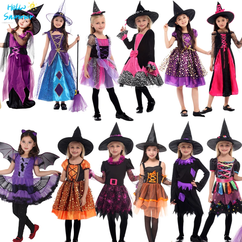 

Детский костюм ведьмы на Хэллоуин, Сумка с тыквой, Серебряные звезды, карнавальное платье для косплея, остроконечная шляпа