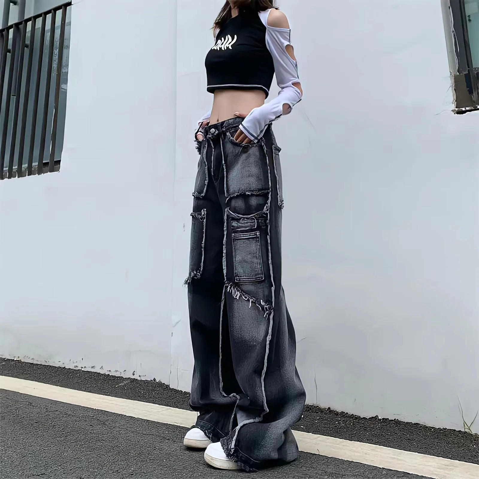 Y2K 2023New Fashion Wide Leg Trousers Vintage Wash Rough Edge Straight Tube Splicing  Multiple Pockets High Street Jeans Unisex