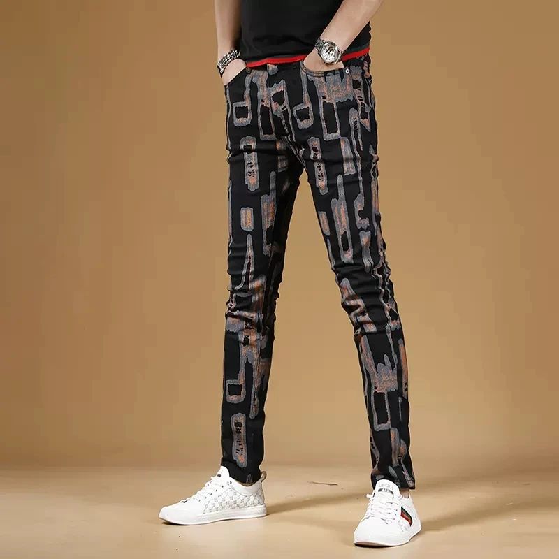Summer Men Fashion Printed Black Jeans Streetwear Casual Slim Fit Straight Pants Geometric Digital Printing Denim Trousers