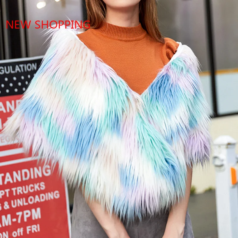 2023 Women's Winter Jacket Faux Fur High Quality Fashion Waistcoat Multicolor Hairy Natural Furry Women V-Neck Female Fur Tops