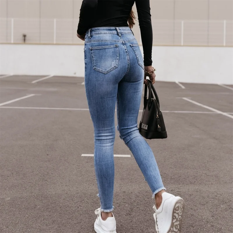 Women Stretch Waist Slim Skinny Fashion Casual Jeans High Waist Denim Pencil Pants Female Classic Hole Oversized Trousers Pop