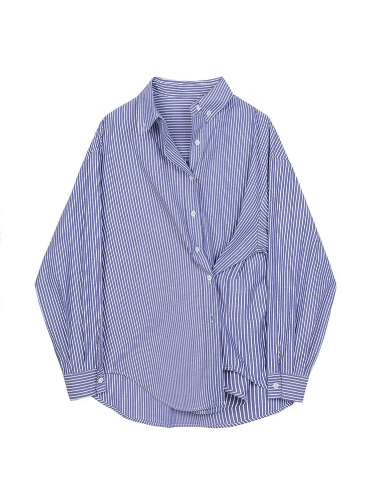 Blue Stripe Long Sleeve Women Shirts Loose Striped Female Shirt Tops Fashion Single-breasted Mixed Color Office Ladies Blosue