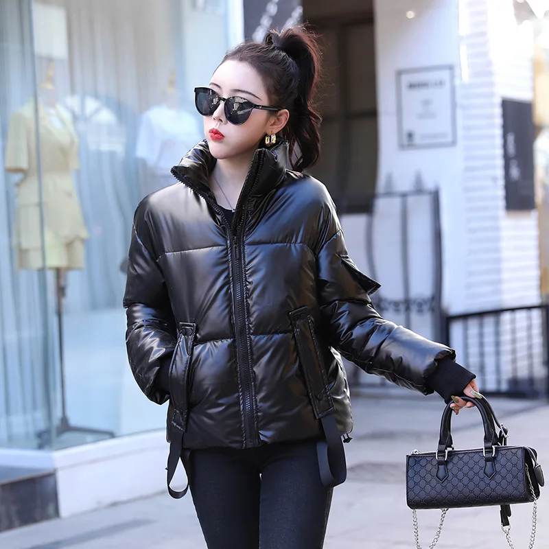 Women Autumn Winter Cotton Trend Casual Solid Color Coats Short Bright Face 2021 New Warm Jackets Thick Long Sleeve Overcoats