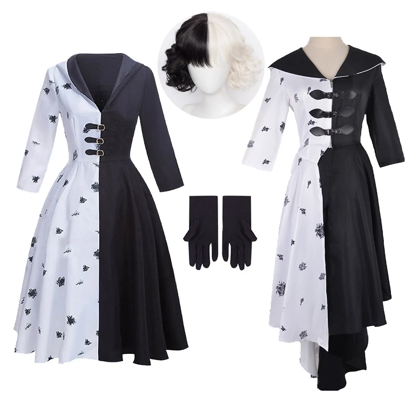 

Костюм горничной Cruella De Vil для детей и взрослых, косплей, черно-белое платье горничной Cruella с перчатками, наряды с париками, костюм для Хэллоуина и вечеринки