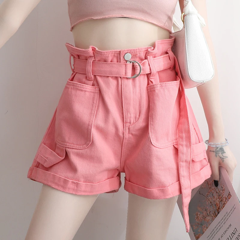 Female Casual Sweet Summer Short Jeans Women's Denim Shorts Classic Vintage High Waist Pink White Wide Leg Bandage Lady Clothing