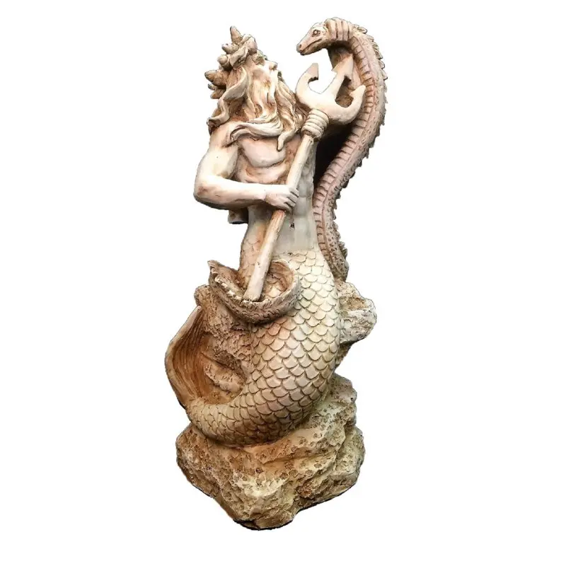 

in. Antique White Poseidon Ruler of Sea Sitting on Nautical Beach Large Statue