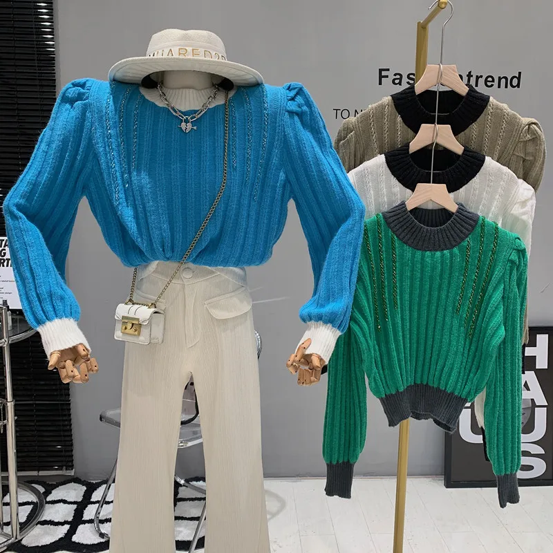 

Новинка, женская одежда, осень-зима 2022, короткий темпераментный свитер с длинным рукавом, пуловер, вязаный Топ