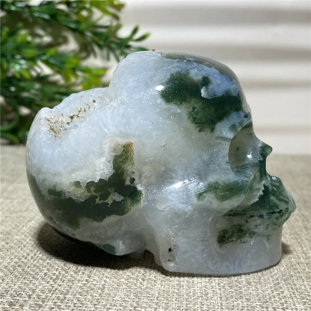 

Moss Agate Natural Cranium Crystal Quartz Wicca Stones Reiki Healing Specimen Skull Halloween Ornament Home Decor For Room