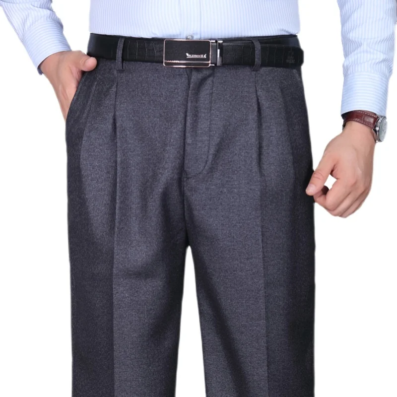 Fuguiniao Spring and Autumn Thick Double Pleated Suit trousers Loose Straight Middle-Aged Elderly Men's Trousers Business...