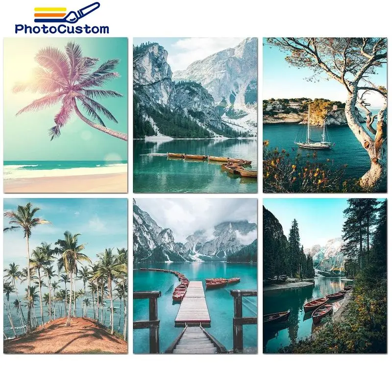 

PhotoCustom DIY Painting By Number River Boat Drawing On Canvas Scenery Hand Painted Paintings Picture By Number Home Decor