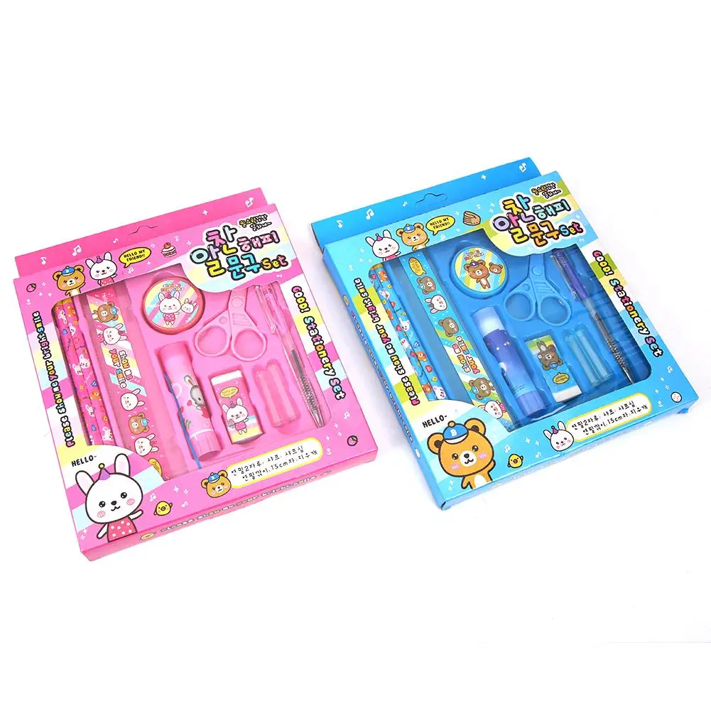 

9pcs Cartoon Cute Stationery Set Pencil Sharpener Earser Scissor Children Supply Award Presentation Birthday Present