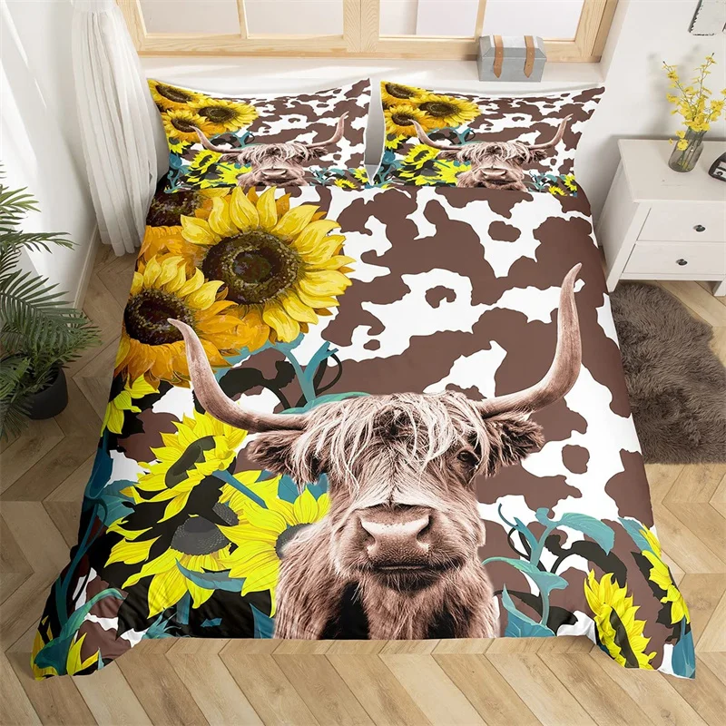 

Highland Cow Bedding Set Polyester Bull Cattle Flowers Quilt Cover Western Wild Animal Duvet Cover Farmhouse Cow Bedspread Cover