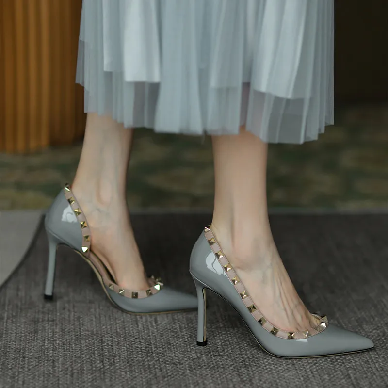 Summer Women Sandal 2023 Designer Brand Black High Heels Luxury Rivets Pumps Pointed Toes 6cm Evening Dress Party Shoes With Box