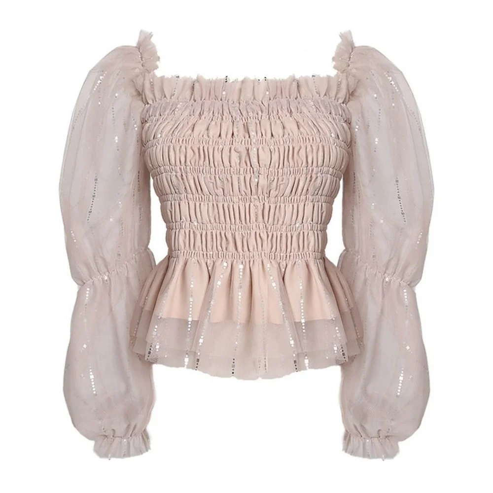 

Chiffon Blouse Women Tops Solid Slash Neck see through Puff Sleeve Spring Sweet Shirts Ruffles Sequins Blusas Mujer 2022 Ins