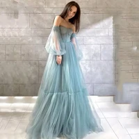 dusty blue elegant off shoulder formal prom dress puff sleeve pleats tulle floor length evening party 2022