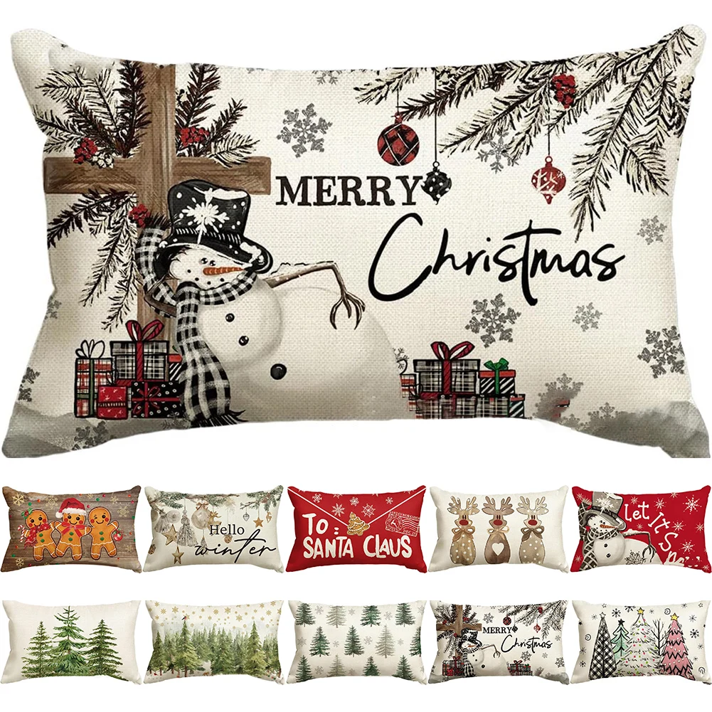 Праздничные рождественские подушки для поясницы моющиеся винтажные льняные