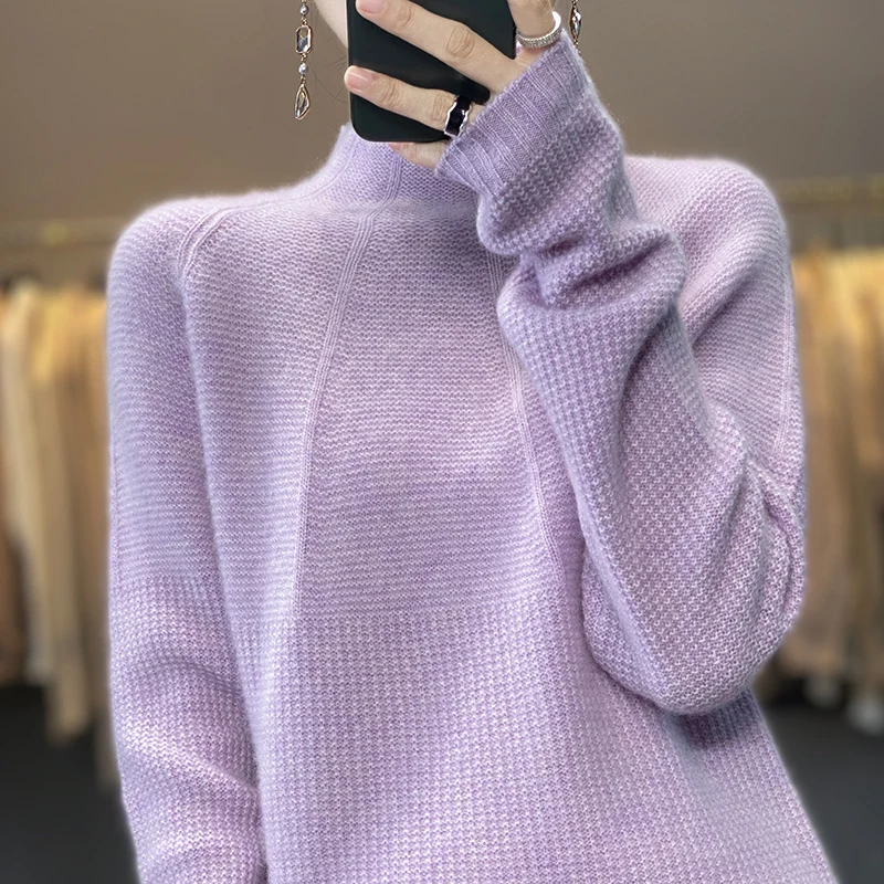 

Новинка 100% шерстяной свитер на осень и зиму женский жаккардовый Свободный пуловер с полувысоким воротником свитер вязаный мягкий и теплый свитер