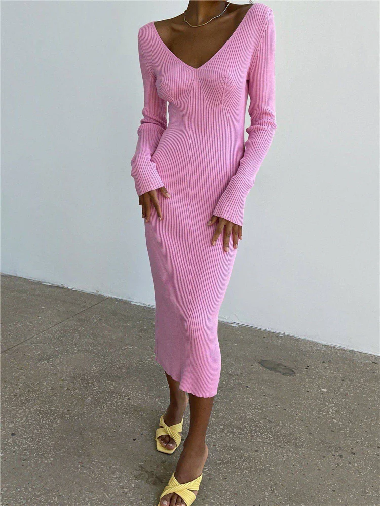 

Thorn Tree Elegant Women Long Sleeve Knitted Dress Casual Solid Color V Neck Bodycon Party Long Dress Beach Club Streetwear 2022
