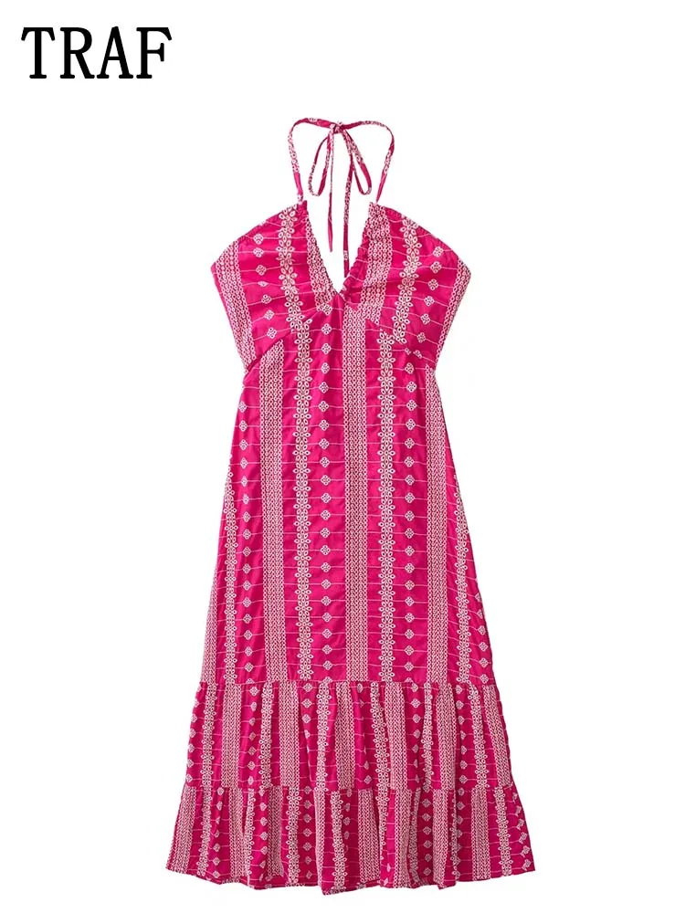 

TRAF Zar Embroidery Halter Dress Woman Rosy Cut Out Long Dress Women Ruffle Backless Sexy Dresses Boho Beach Midi Summer Dresses