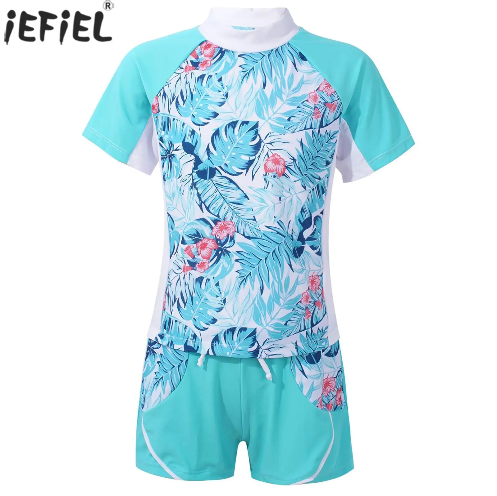 Kid 2 Piece Swimsuit Girls Boys Rash Guard Short Sleeves Floral Print Top with Shorts Swimwear Bathing Suit Beachwear Sportswear